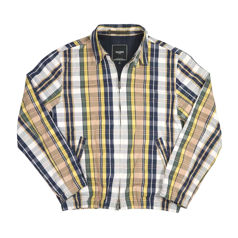Todd Snyder Madras Club Jacket Mens S‎ Navy Yellow Plaid Cotton Linen Full-Zip